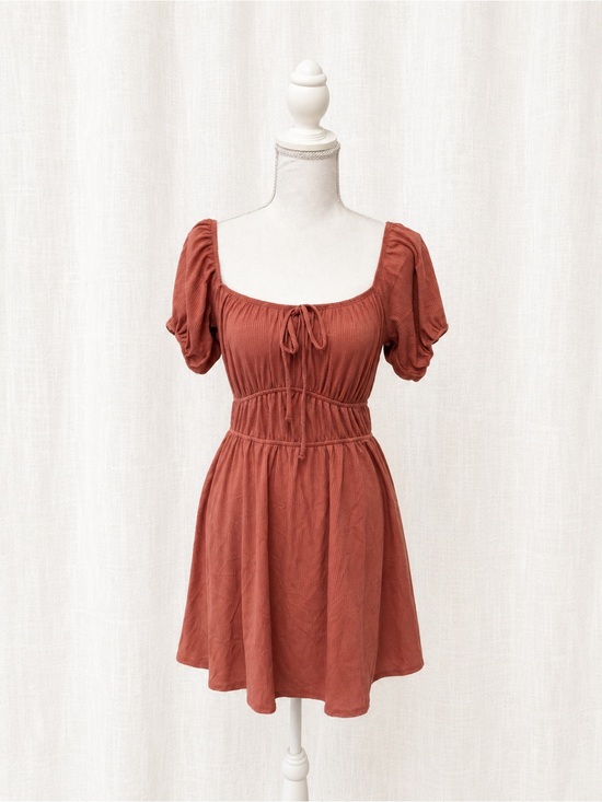 mel + rose Dresses & Skirts - Square-Neck Rust Mini Dress with Puff Sleeves